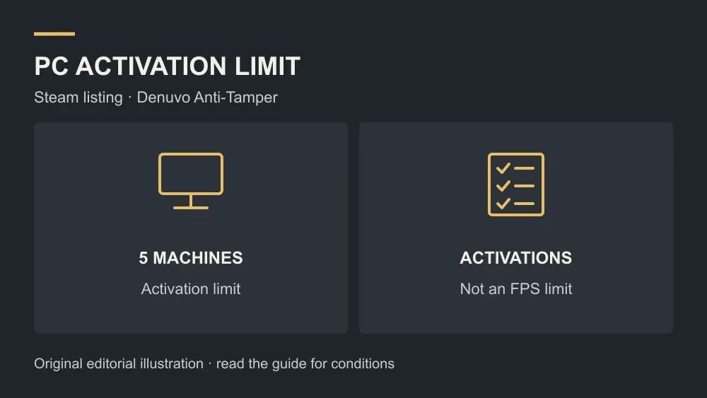 Computer and checklist diagram labelled five machines and an activation-limit checklist