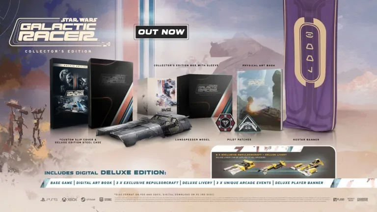 Collector’s Edition promotional display with a landspeeder model, artbook, patches and fabric banner