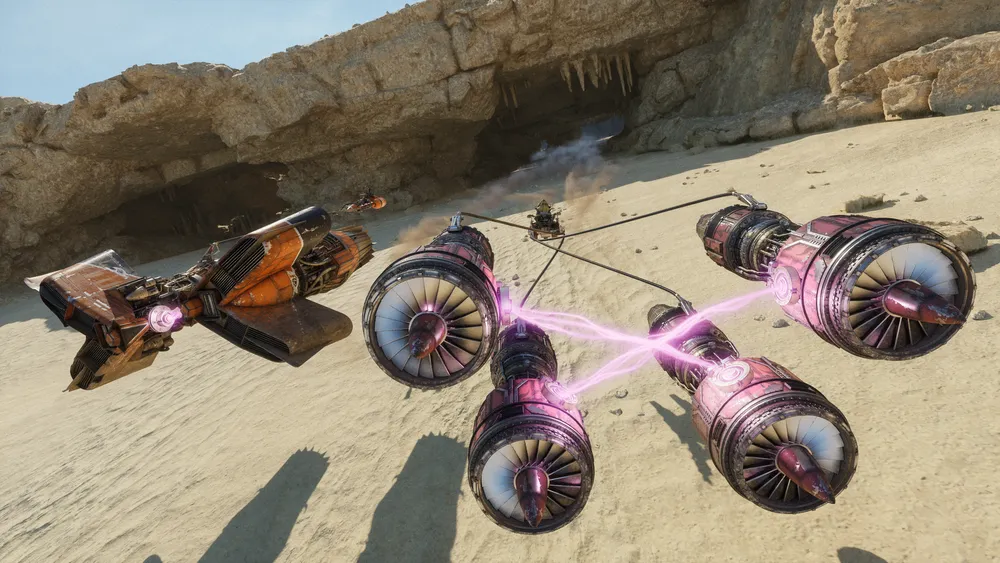 Two twin-engine podracers racing across a sandy track