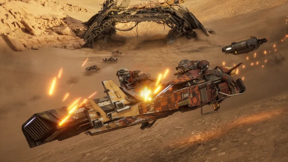 A speeder banking across a sandy course with sparks along its side