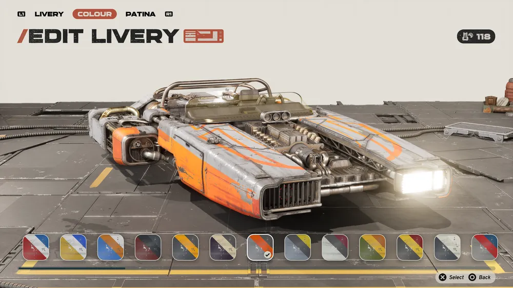A silver and orange landspeeder with livery swatches in the vehicle customization screen