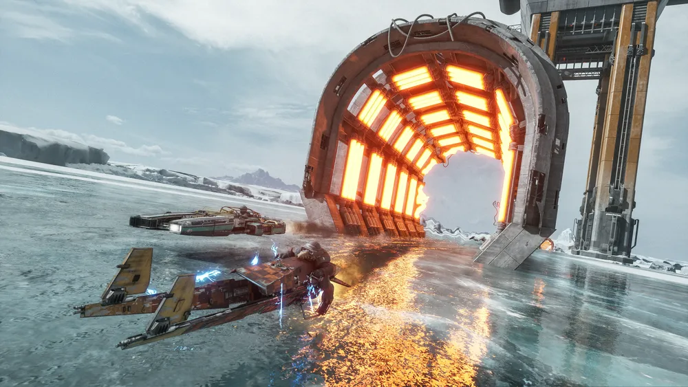 Speeders racing on an icy track beside a glowing circular gate